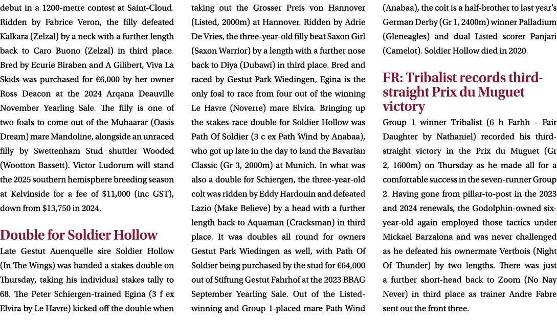 debut in a 1200 metre contest at Saint Cloud. Ridden by Fabrice Veron, the filly defeated Kalkara (Zelzal) by a neck ...