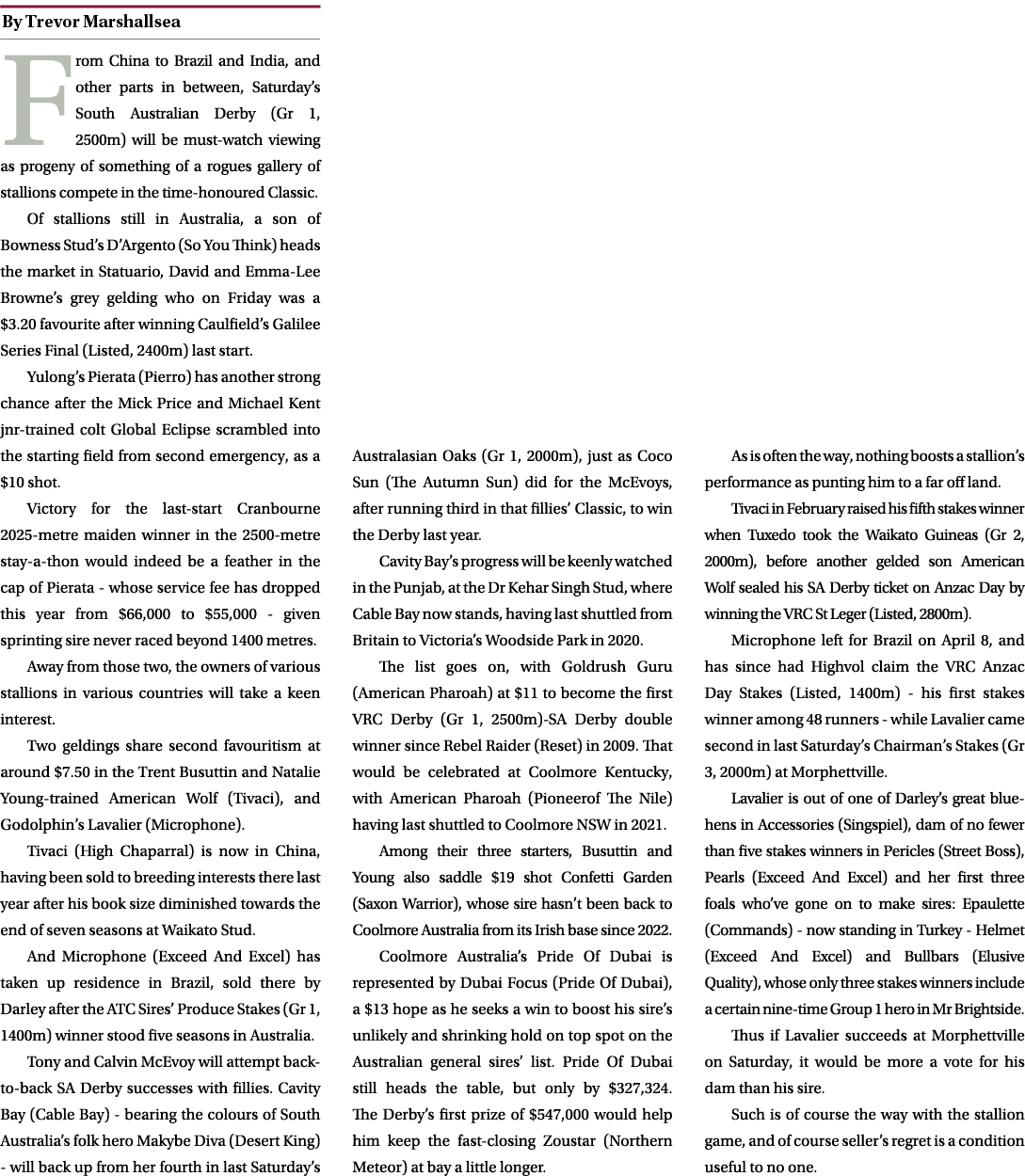 ￼ From China to Brazil and India, and other parts in between, Saturday’s South Australian Derby (Gr 1, 2500m) will be...