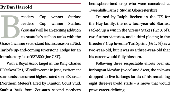 ￼ Breeders' Cup winner Starlust reeders' Cup winner Starlust (Zoustar) will be an exciting addition to Australia's st...