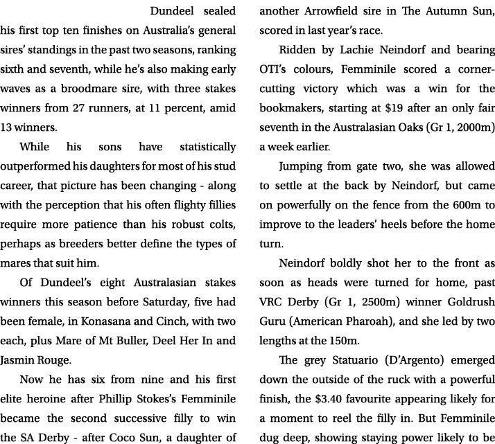 Dundeel sealed his first top ten finishes on Australia’s general sires’ standings in the past two seasons, ranking si...