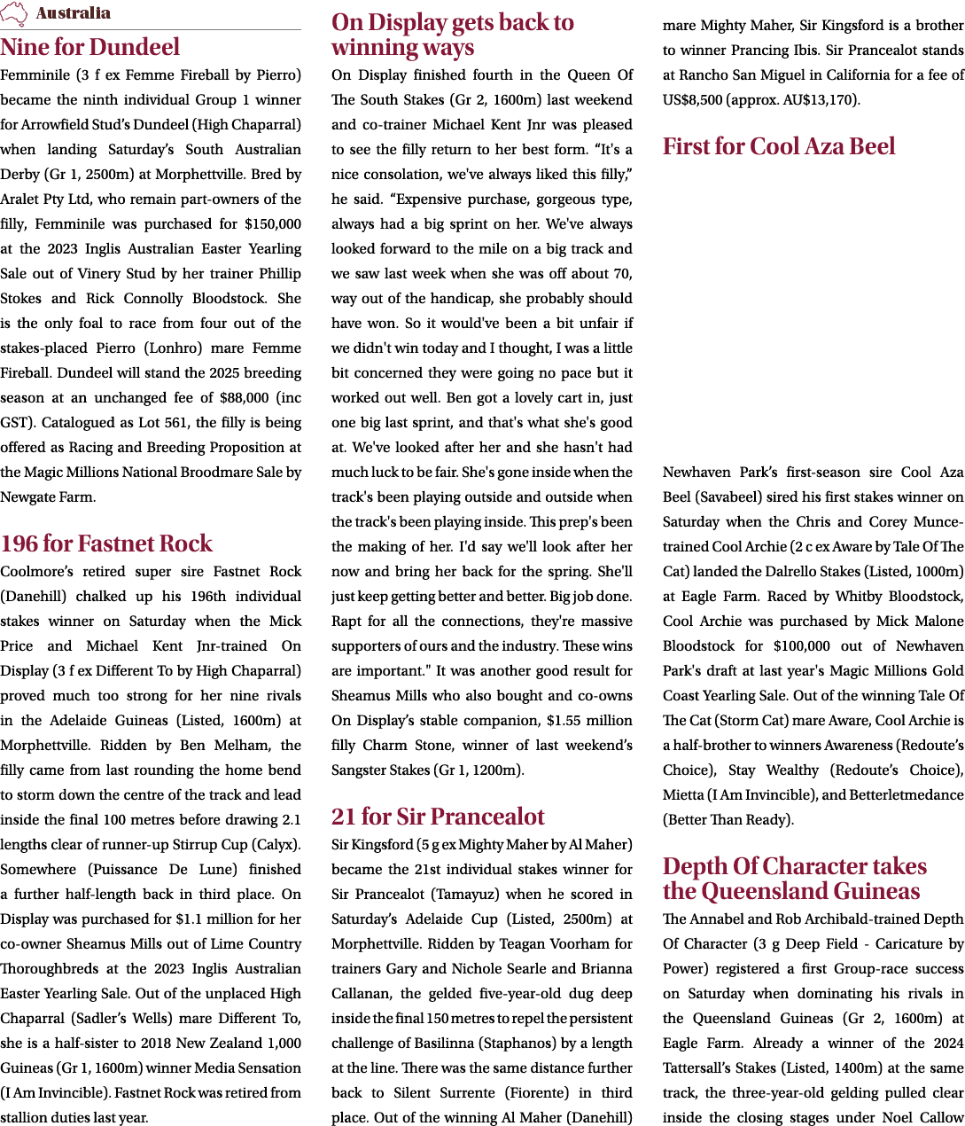 ￼ Nine for Dundeel Femminile (3 f ex Femme Fireball by Pierro) became the ninth individual Group 1 winner for Arrowfi...