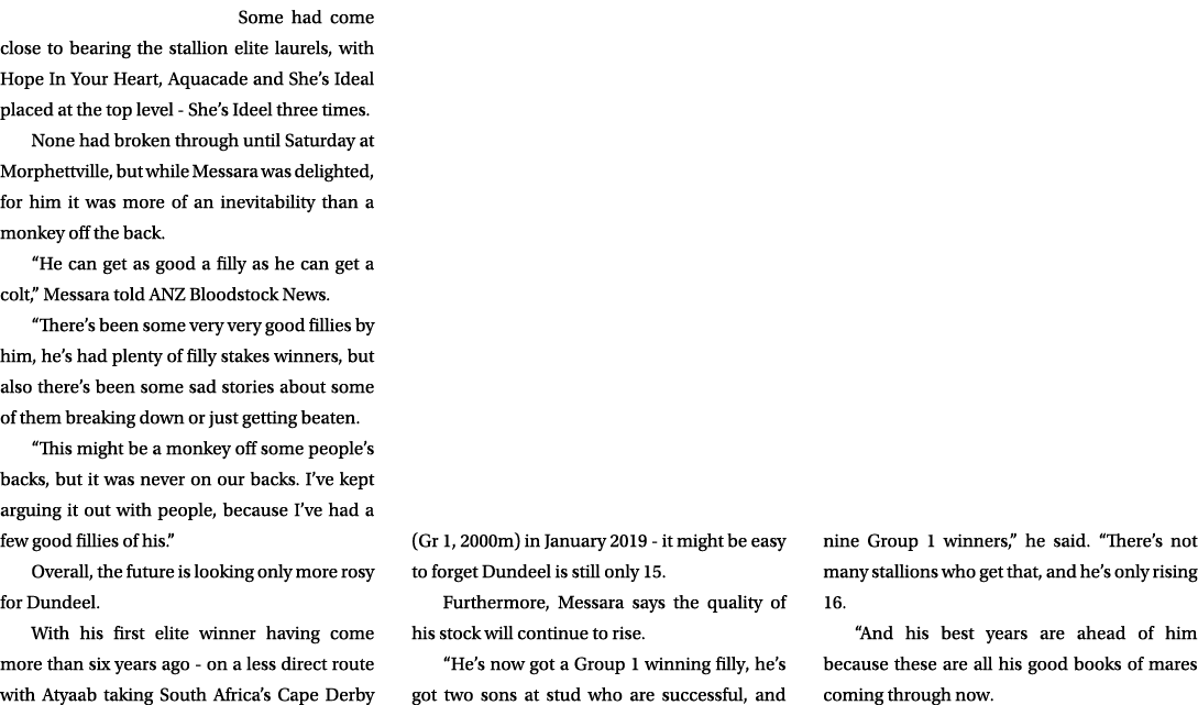 Some had come close to bearing the stallion elite laurels, with Hope In Your Heart, Aquacade and She’s Ideal placed a...
