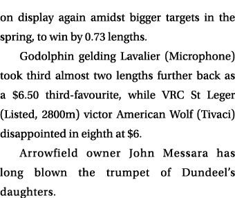 on display again amidst bigger targets in the spring, to win by 0.73 lengths. Godolphin gelding Lavalier (Microphone)...