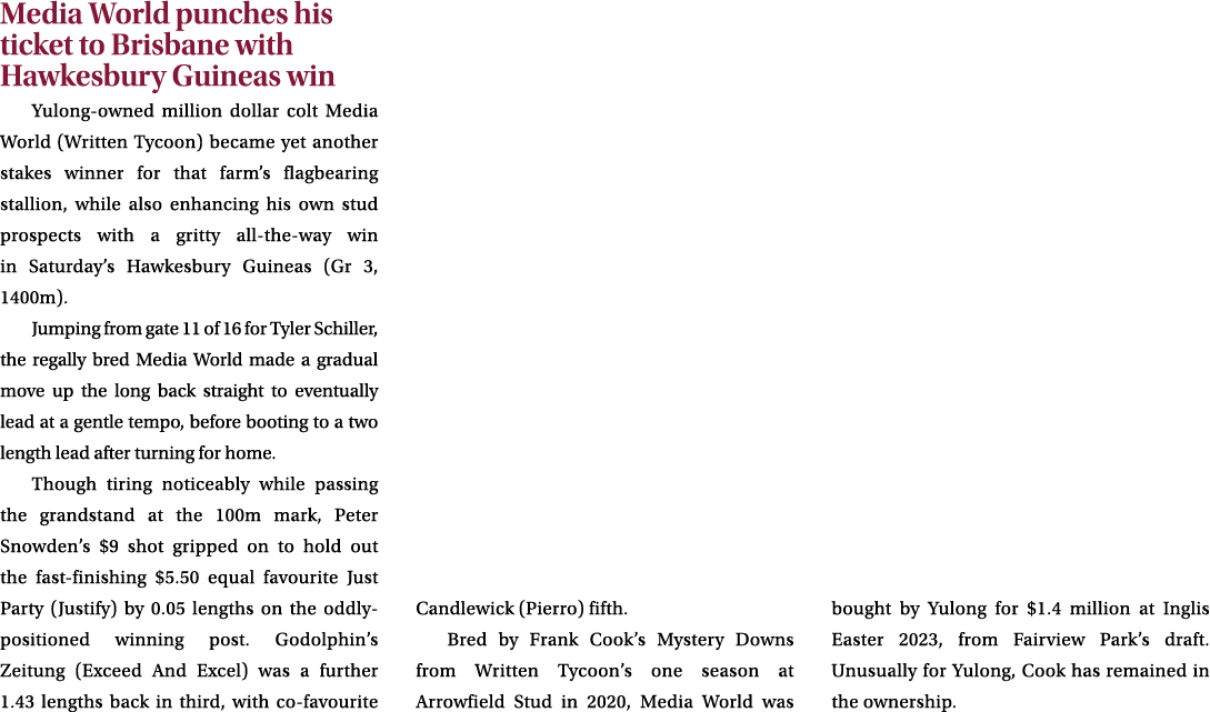 Media World punches his ticket to Brisbane with Hawkesbury Guineas win Yulong owned million dollar colt Media World (...