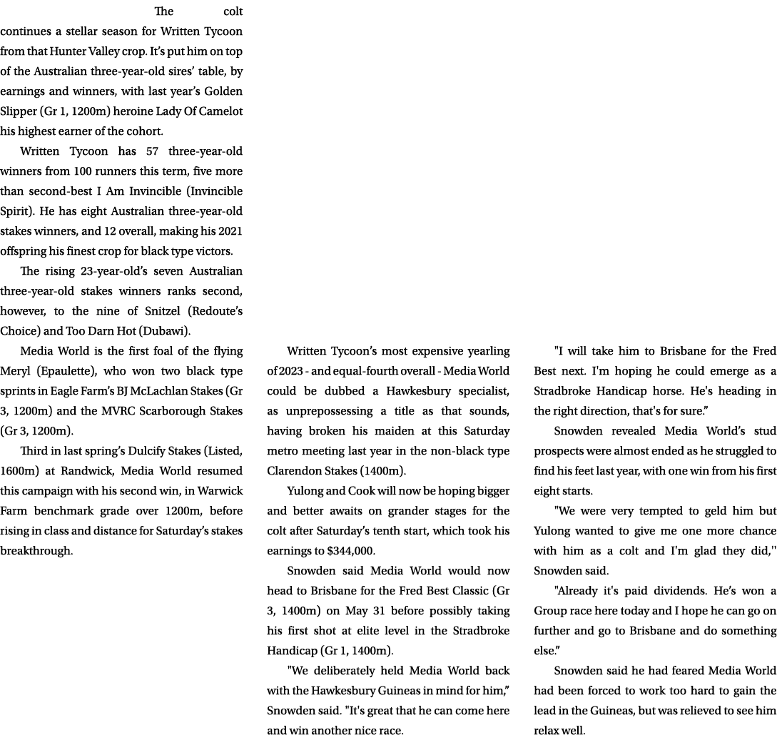 The colt continues a stellar season for Written Tycoon from that Hunter Valley crop. It’s put him on top of the Austr...