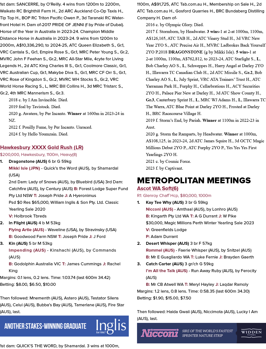 1st dam: SANCERRE, by O’Reilly. 4 wins from 1200m to 2200m, Waikato RC Brighthill Farm H., 2d ARC Auckland Co Op Taxi...
