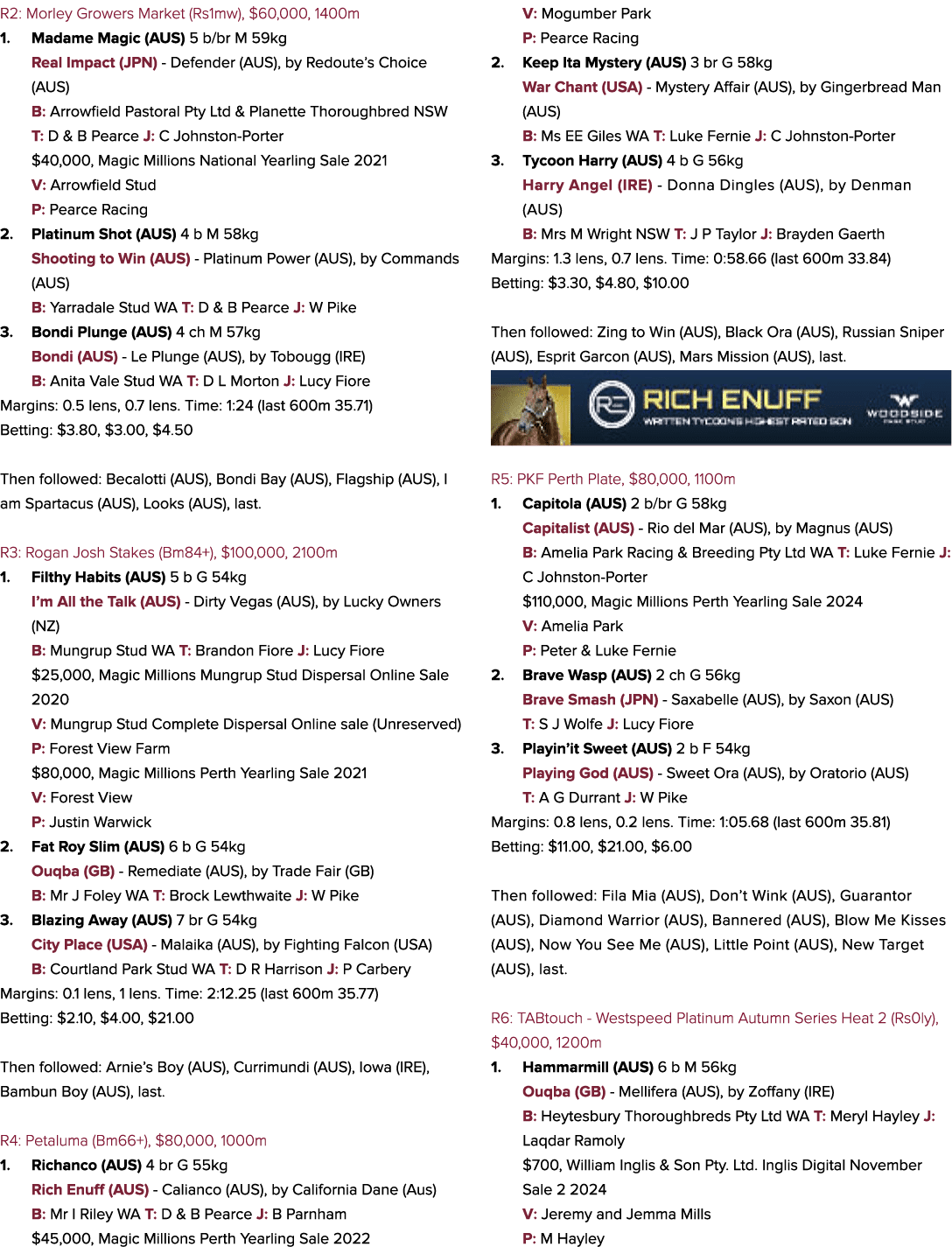 R2: Morley Growers Market (Rs1mw), $60,000, 1400m 1. Madame Magic (AUS) 5 b/br M 59kg Real Impact (JPN) Defender (AUS...