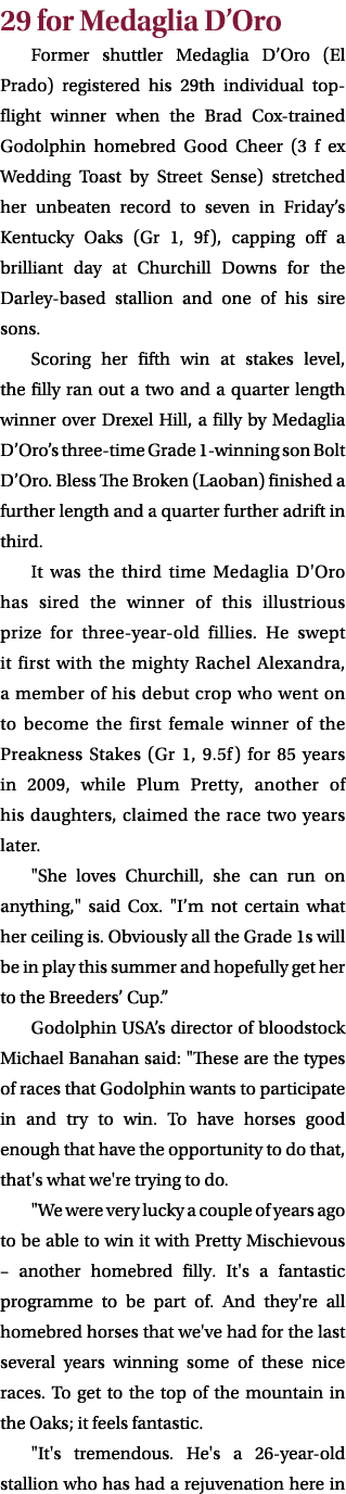 29 for Medaglia D’Oro Former shuttler Medaglia D’Oro (El Prado) registered his 29th individual top flight winner when...