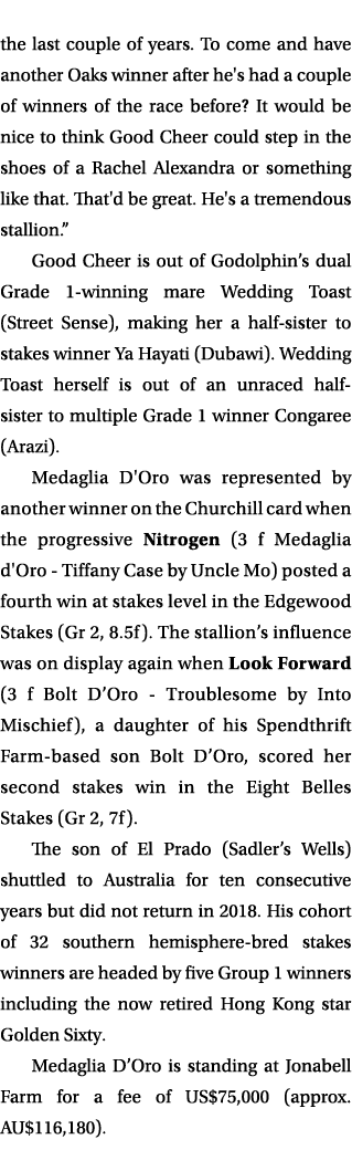 the last couple of years. To come and have another Oaks winner after he's had a couple of winners of the race before?...