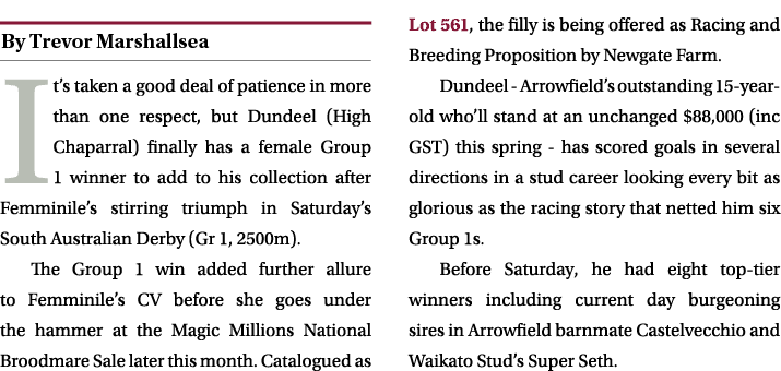 ￼ It’s taken a good deal of patience in more than one respect, but Dundeel (High Chaparral) finally has a female Grou...