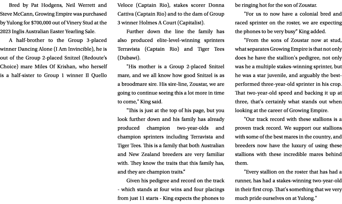 Bred by Pat Hodgens, Neil Werrett and Steve McCann, Growing Empire was purchased by Yulong for $700,000 out of Vinery...