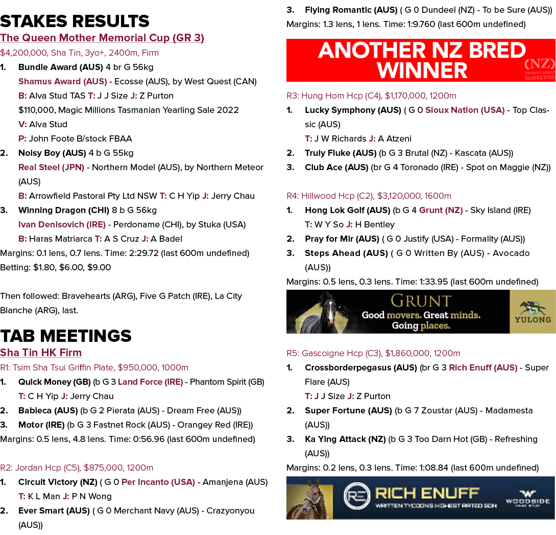 Stakes Results The Queen Mother Memorial Cup (GR 3) $4,200,000, Sha Tin, 3yo+, 2400m, Firm 1. Bundle Award (AUS) 4 br...