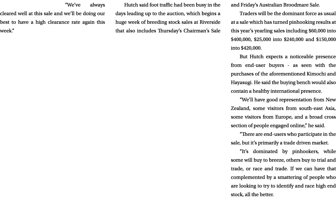 “We’ve always cleared well at this sale and we’ll be doing our best to have a high clearance rate again this week.” H...