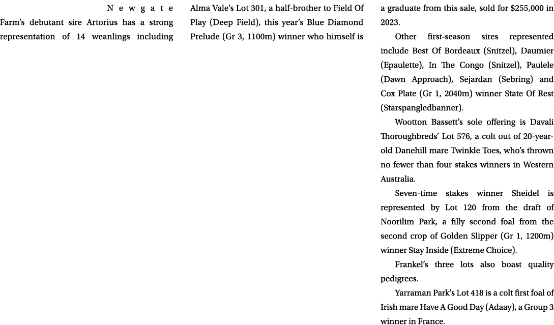 Newgate Farm’s debutant sire Artorius has a strong representation of 14 weanlings including Alma Vale’s Lot 301, a ha...