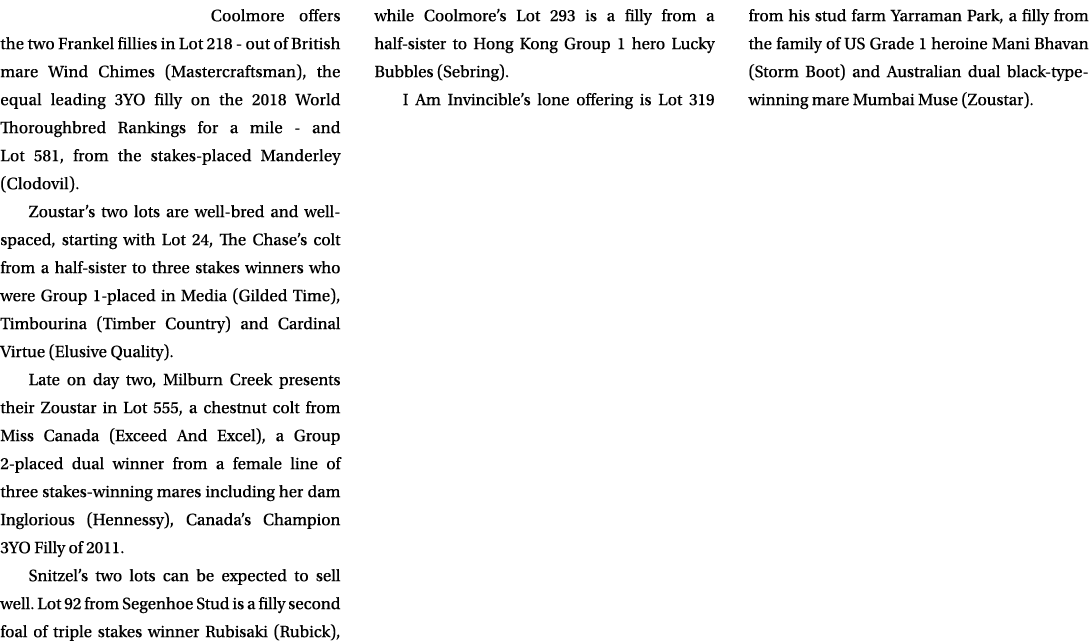 Coolmore offers the two Frankel fillies in Lot 218 out of British mare Wind Chimes (Mastercraftsman), the equal leadi...