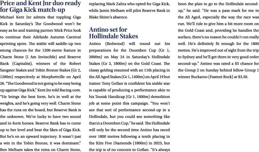 Price and Kent Jnr duo ready for Giga Kick match up Michael Kent Jnr admits that toppling Giga Kick in Saturday’s The...