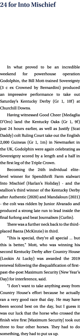 24 for Into Mischief In what proved to be an incredible weekend for powerhouse operation Godolphin, the Bill Mott tra...