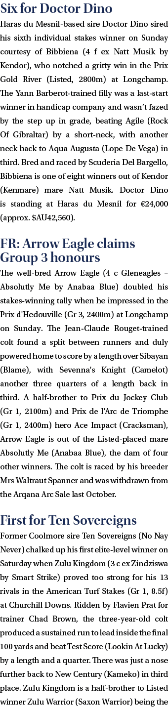 Six for Doctor Dino Haras du Mesnil based sire Doctor Dino sired his sixth individual stakes winner on Sunday courtes...