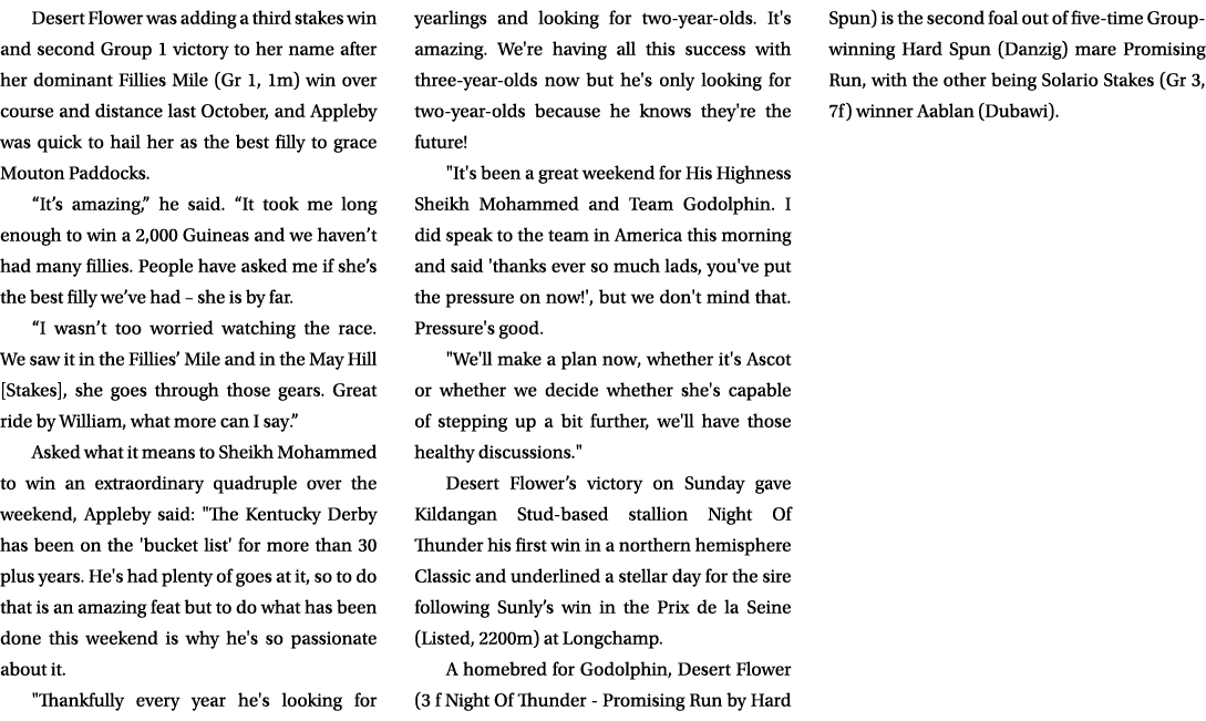 Desert Flower was adding a third stakes win and second Group 1 victory to her name after her dominant Fillies Mile (G...