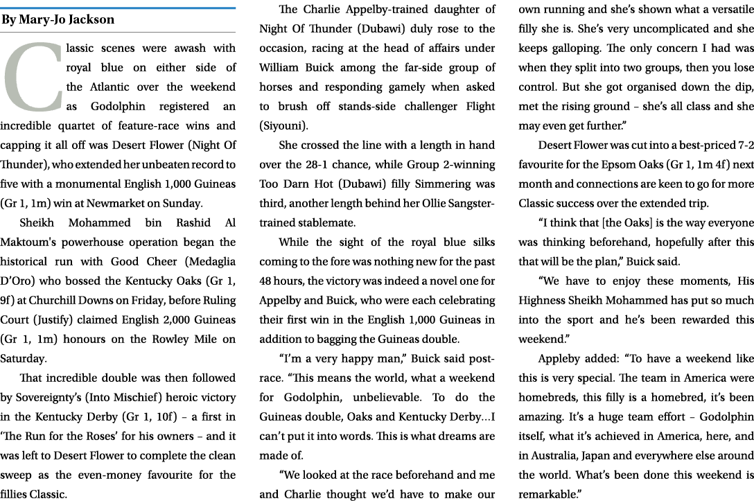 ￼ Classic scenes were awash with royal blue on either side of the Atlantic over the weekend as Godolphin registered a...