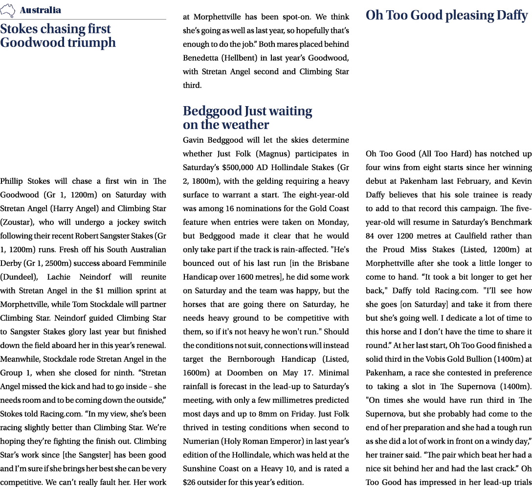 ￼ Stokes chasing first Goodwood triumph Phillip Stokes will chase a first win in The Goodwood (Gr 1, 1200m) on Saturd...