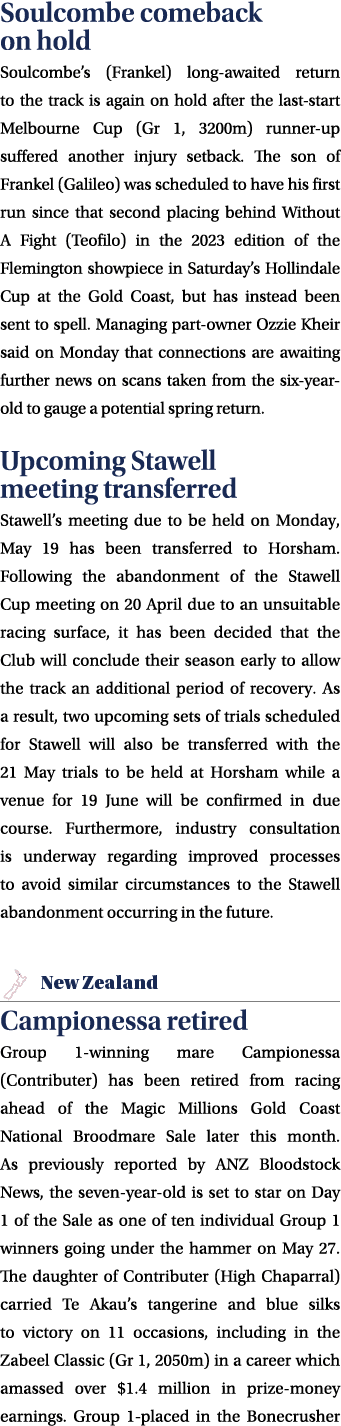 Soulcombe comeback on hold Soulcombe’s (Frankel) long awaited return to the track is again on hold after the last sta...