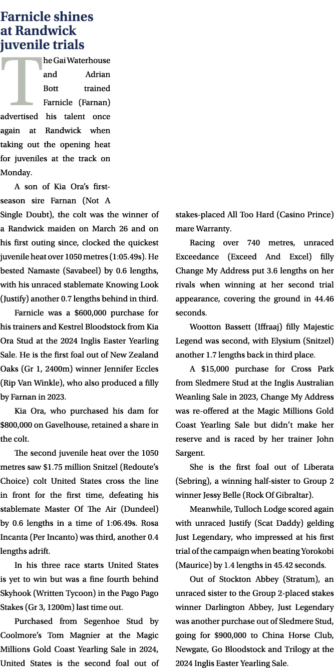 Farnicle shines at Randwick juvenile trials The Gai Waterhouse and Adrian Bott trained Farnicle (Farnan) advertised h...