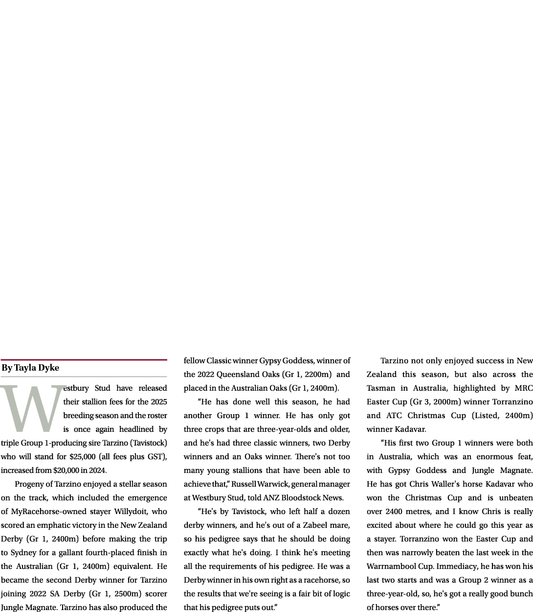 ￼ Westbury Stud have released their stallion fees for the 2025 breeding season and the roster is once again headlined...