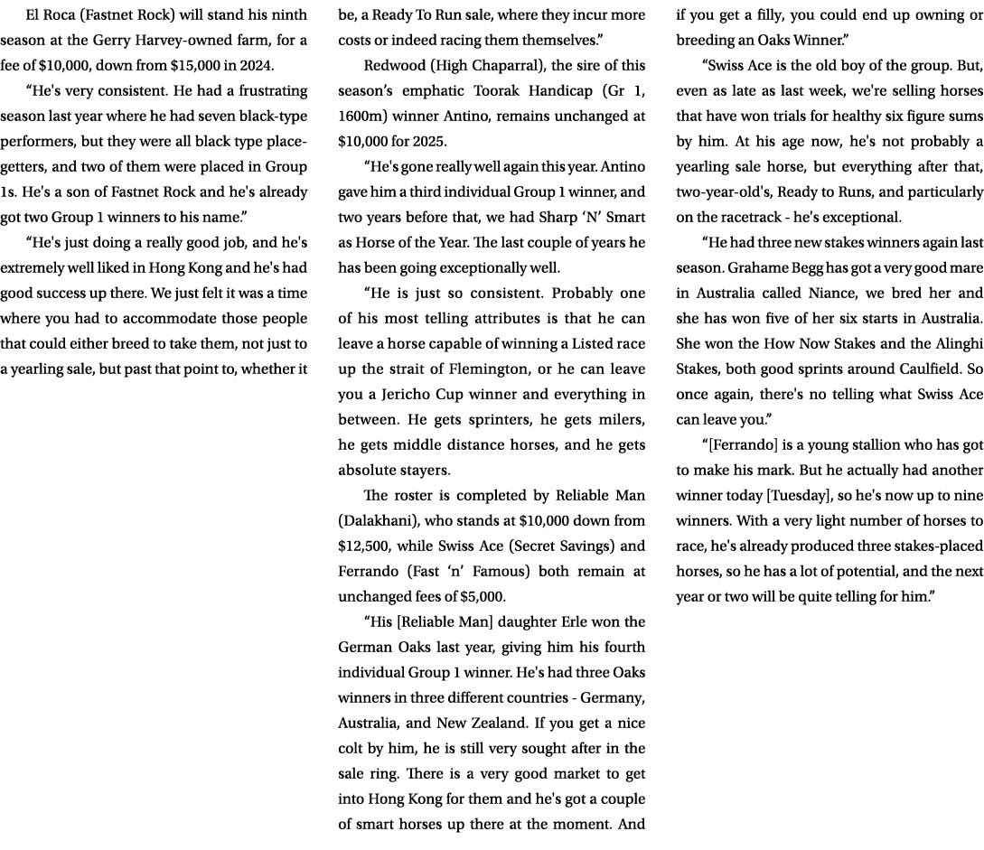 El Roca (Fastnet Rock) will stand his ninth season at the Gerry Harvey owned farm, for a fee of $10,000, down from $1...