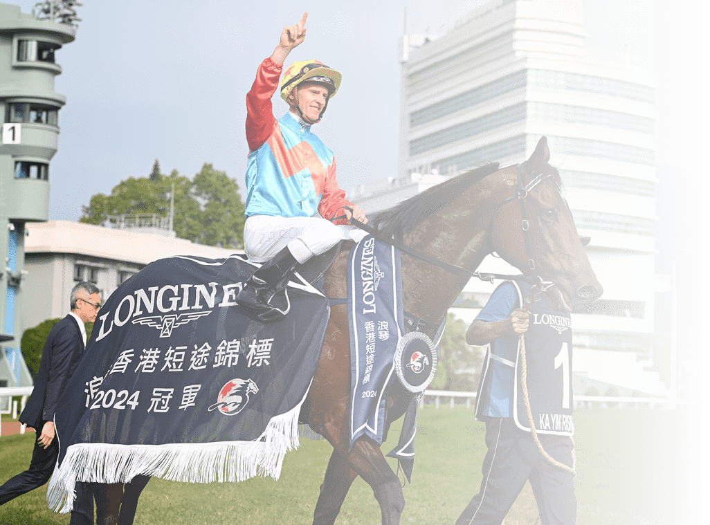 HONG KONG, CHINA - DECEMBER 08: Zac Purton riding Ka Ying Rising after winning Race 5, the Longines Hong Kong Sprint during racing at Sha Tin Racecourse on December 08, 2024 in Hong Kong, China. (Photo by Vince Caligiuri/Getty Images)