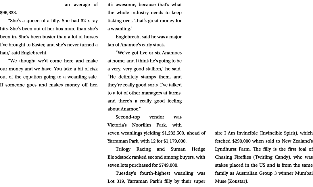 an average of $96,333. “She’s a queen of a filly. She had 32 x ray hits. She’s been out of her box more than she’s be...