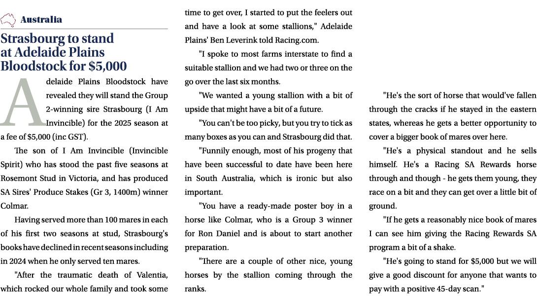 ￼ Strasbourg to stand at Adelaide Plains Bloodstock for $5,000 Adelaide Plains Bloodstock have revealed they will sta...