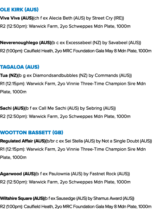 Ole Kirk (AUS) Viva Viva (AUS)(ch f ex Alecia Beth (AUS) by Street Cry (IRE)) R2 (12:50pm): Warwick Farm, 2yo Schwepp...