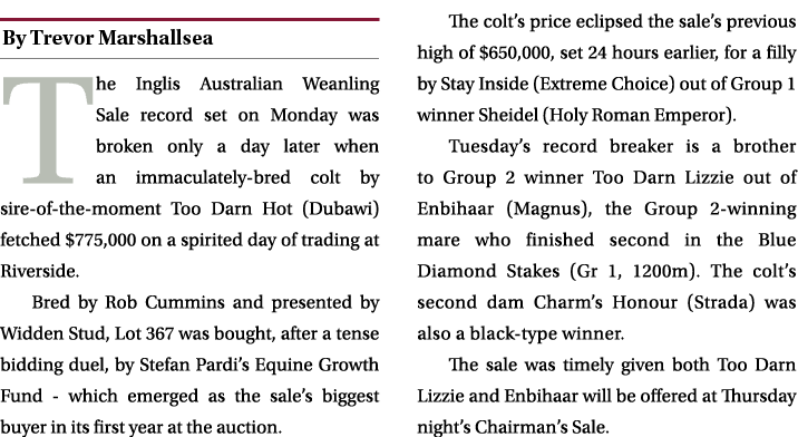 ￼ The Inglis Australian Weanling Sale record set on Monday was broken only a day later when an immaculately bred colt...