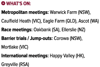 ￼ What's on: Metropolitan meetings: Warwick Farm (NSW), Caulfield Heath (VIC), Eagle Farm (QLD), Ascot (WA) Race meet...