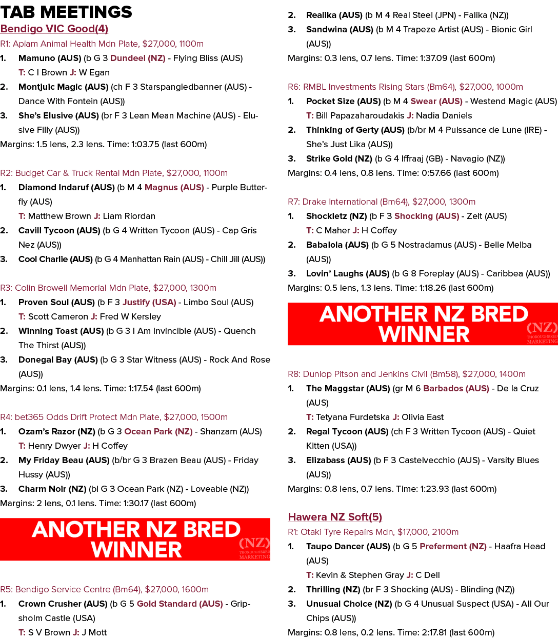 Tab Meetings Bendigo VIC Good(4) R1: Apiam Animal Health Mdn Plate, $27,000, 1100m 1. Mamuno (AUS) (b G 3 Dundeel (NZ...