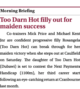  ￼ Too Darn Hot filly out for maiden success Co trainers Mick Price and Michael Kent Jnr are confident progressive fi...