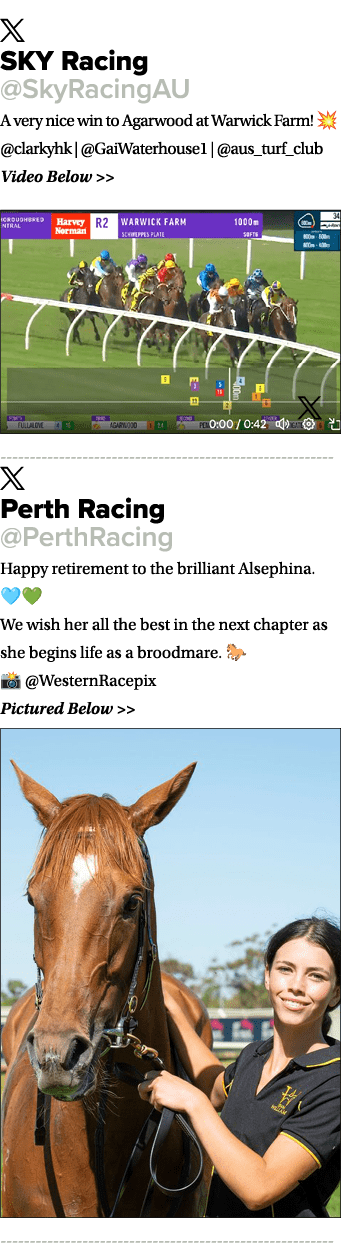 ￼ SKY Racing @SkyRacingAU A very nice win to Agarwood at Warwick Farm! 💥 @clarkyhk | @GaiWaterhouse1 | @aus_turf_clu...