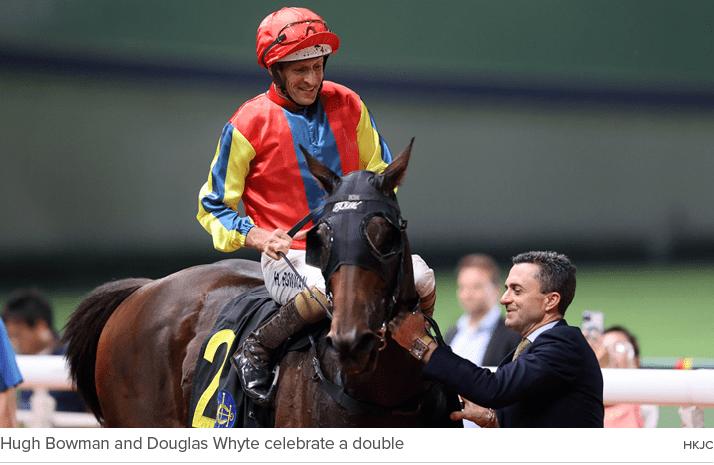Hugh Bowman and Douglas Whyte celebrate a double Hkj