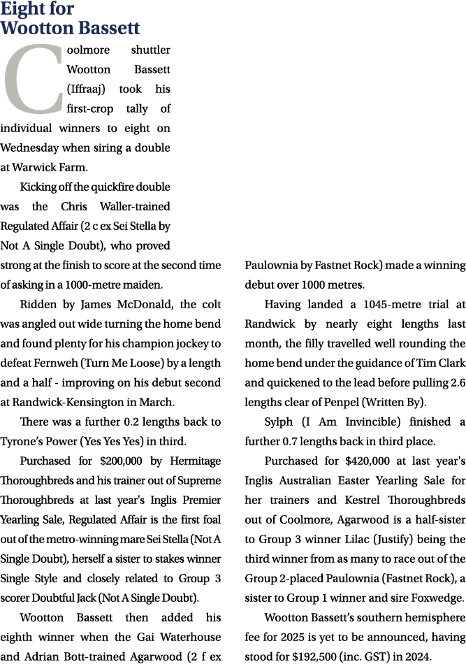 Eight for Wootton Bassett Coolmore shuttler Wootton Bassett (Iffraaj) took his first crop tally of individual winners...