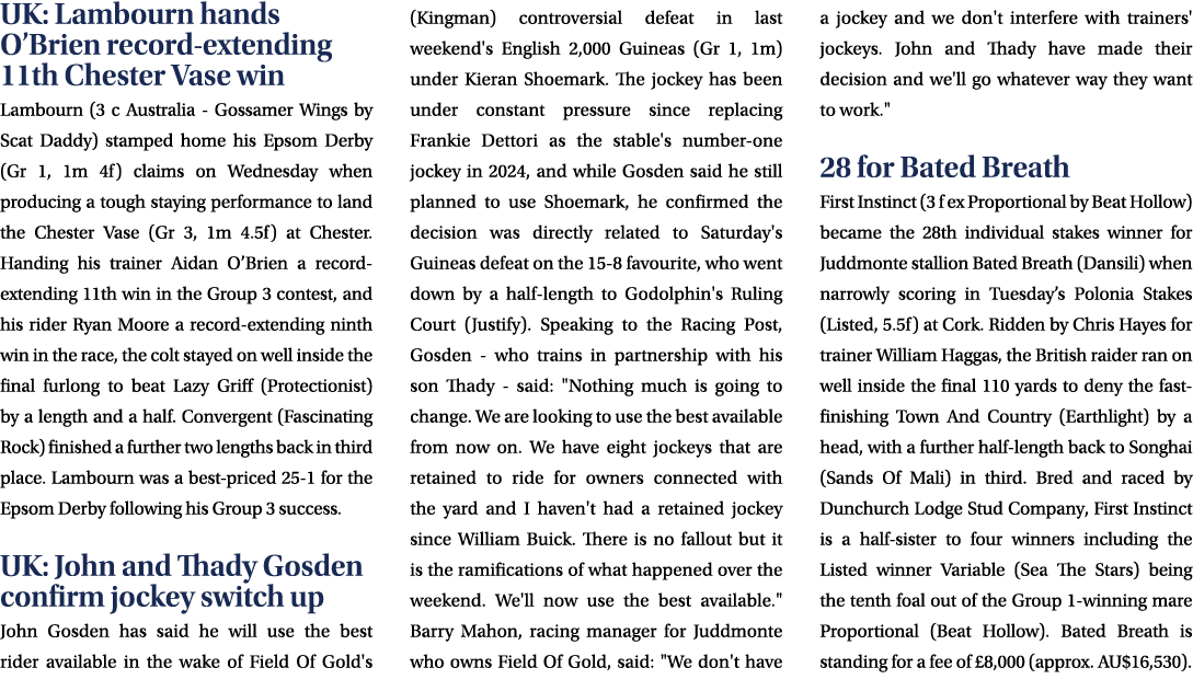 UK: Lambourn hands O’Brien record extending 11th Chester Vase win Lambourn (3 c Australia Gossamer Wings by Scat Dadd...