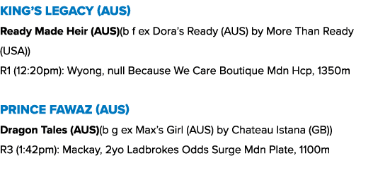 King’s Legacy (AUS) Ready Made Heir (AUS)(b f ex Dora’s Ready (AUS) by More Than Ready (USA)) R1 (12:20pm): Wyong, nu...