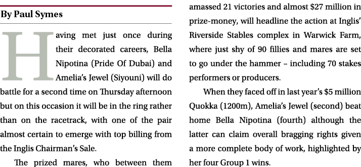 ￼ Having met just once during their decorated careers, Bella Nipotina (Pride Of Dubai) and Amelia’s Jewel (Siyouni) w...