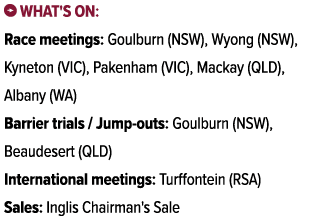 ￼ What's on: Race meetings: Goulburn (NSW), Wyong (NSW), Kyneton (VIC), Pakenham (VIC), Mackay (QLD), Albany (WA) Bar...