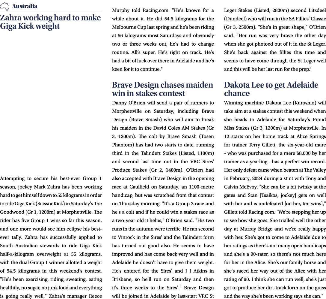 ￼ Zahra working hard to make Giga Kick weight Attempting to secure his best ever Group 1 season, jockey Mark Zahra ha...