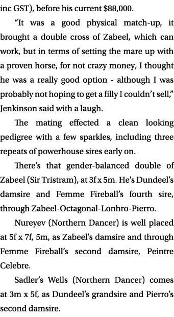 inc GST), before his current $88,000. “It was a good physical match up, it brought a double cross of Zabeel, which ca...