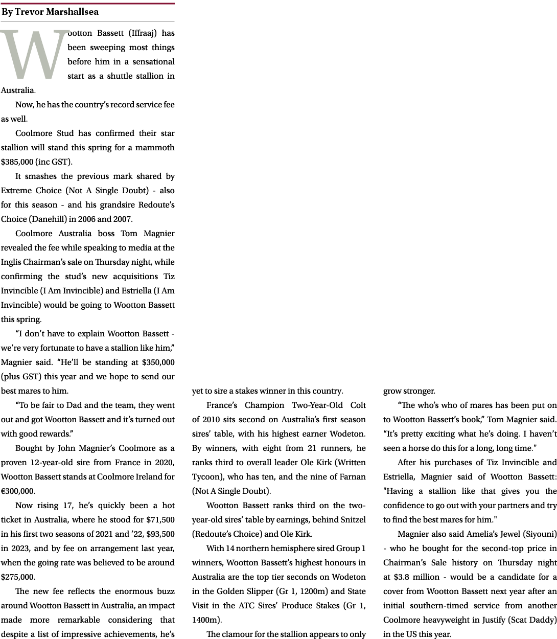 ￼ Wootton Bassett (Iffraaj) has been sweeping most things before him in a sensational start as a shuttle stallion in ...