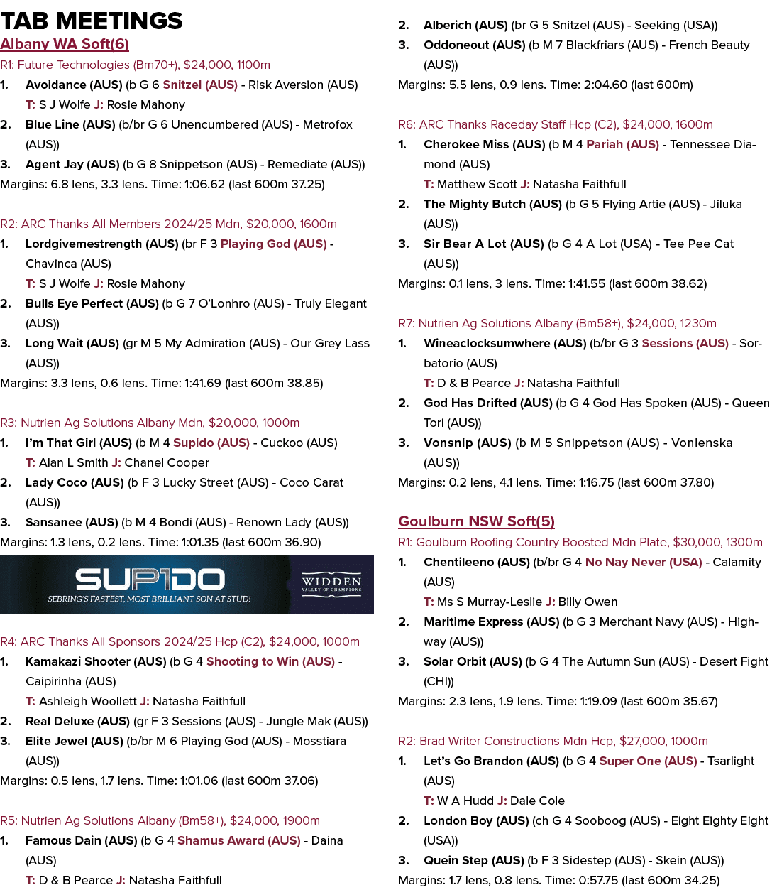 Tab Meetings Albany WA Soft(6) R1: Future Technologies (Bm70+), $24,000, 1100m 1. Avoidance (AUS) (b G 6 Snitzel (AUS...