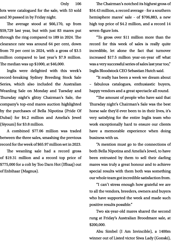 Only 106 lots were catalogued for the sale, with 53 sold and 30 passed in by Friday night. The average stood at $66,1...