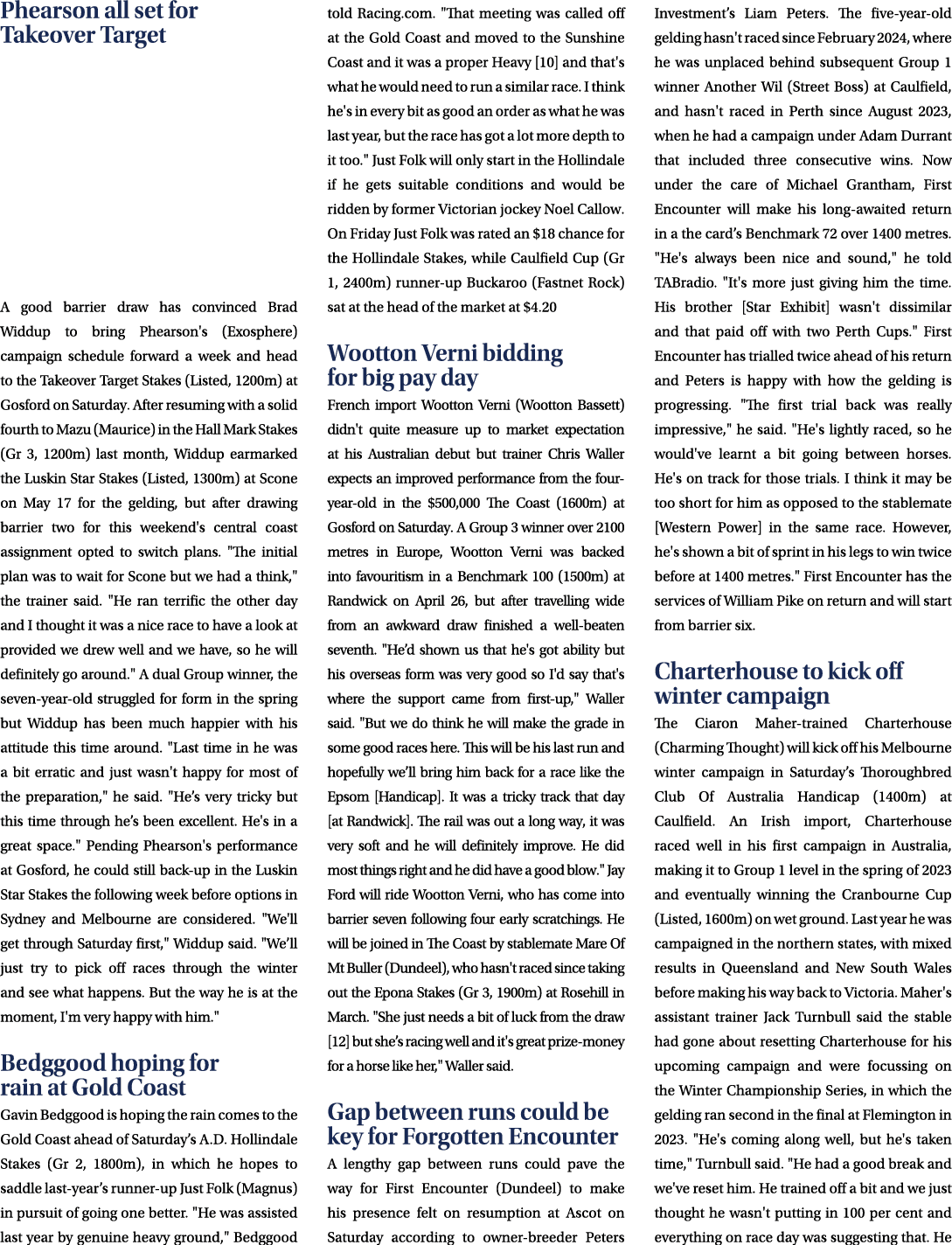 Phearson all set for Takeover Target A good barrier draw has convinced Brad Widdup to bring Phearson's (Exosphere) ca...